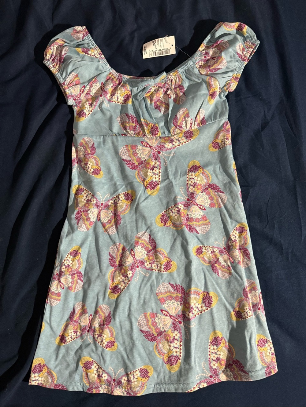 Blue Dress with Pink and Yellow Butterfly Print